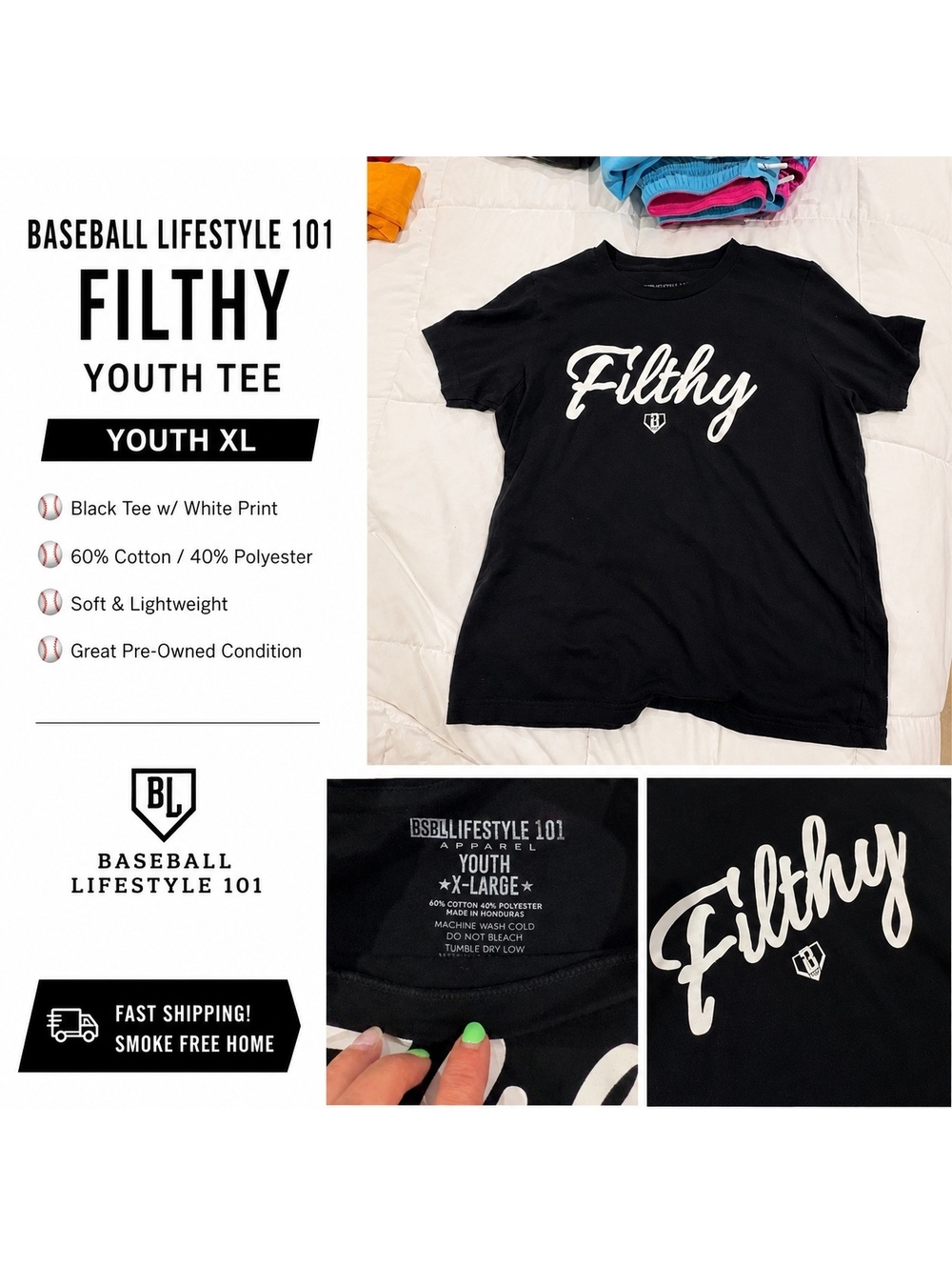 Baseball Lifestyle 101 BL101 Filthy Black T-Shirt Youth XL Baseball Tee
